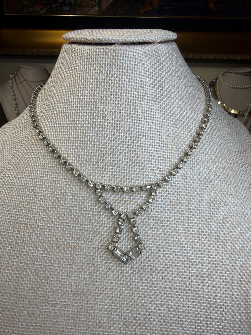 Vintage Silver Rhinestone Pendant Necklace - Sparkling Clear Crystal Drop
